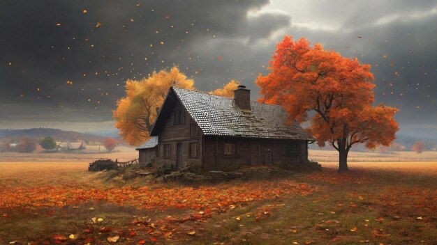 Une maison dans une forêt d'automne