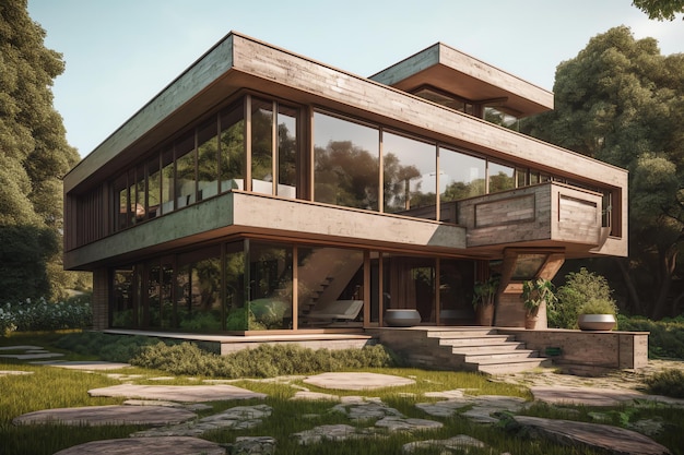 Une maison dans la forêt avec un balcon et un plancher en bois.