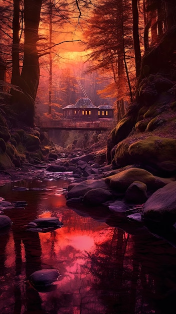 une maison dans la forêt avec un coucher de soleil rouge en arrière-plan.