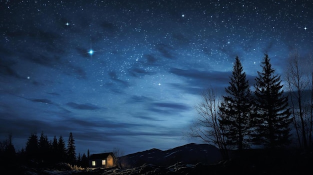 une maison dans une forêt enneigée avec un ciel rempli d'étoiles au-dessus.