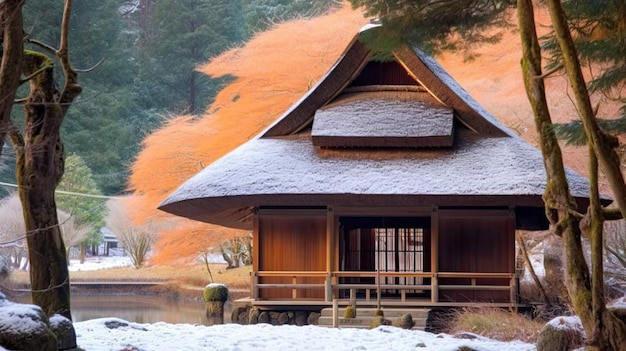 Une maison dans la forêt avec un étang au premier plan et un arbre avec des feuilles d'oranger au sol.