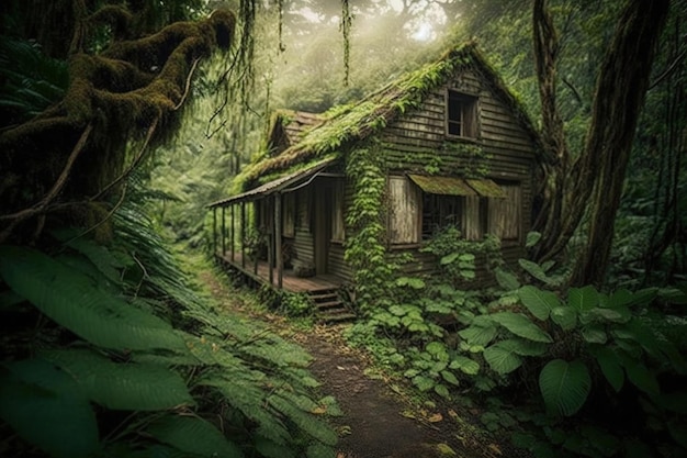 Une maison dans la forêt avec de la mousse sur le toit