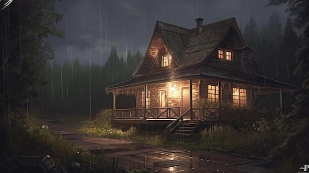Maison dans la forêt la nuit