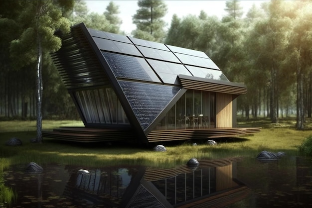 Une maison dans la forêt avec un panneau solaire sur le toit.