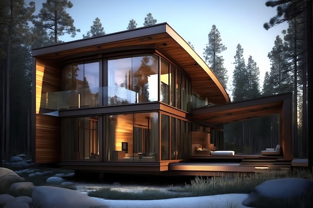 Une maison dans la forêt avec vue sur les montagnes.