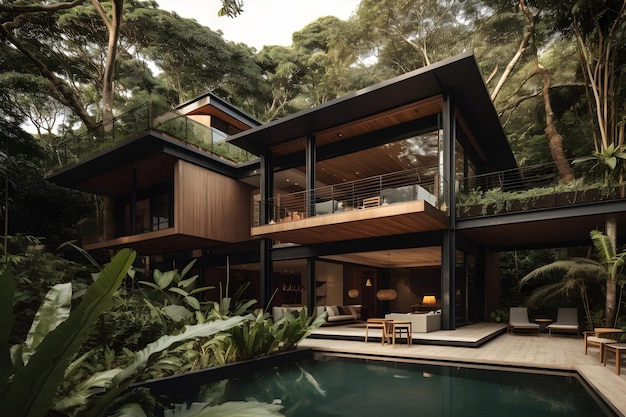 Une maison dans la jungle avec une piscine au premier plan.