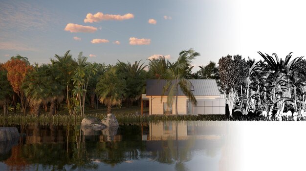 maison dans la jungle sur la rive du fleuve illustration 3D cg render