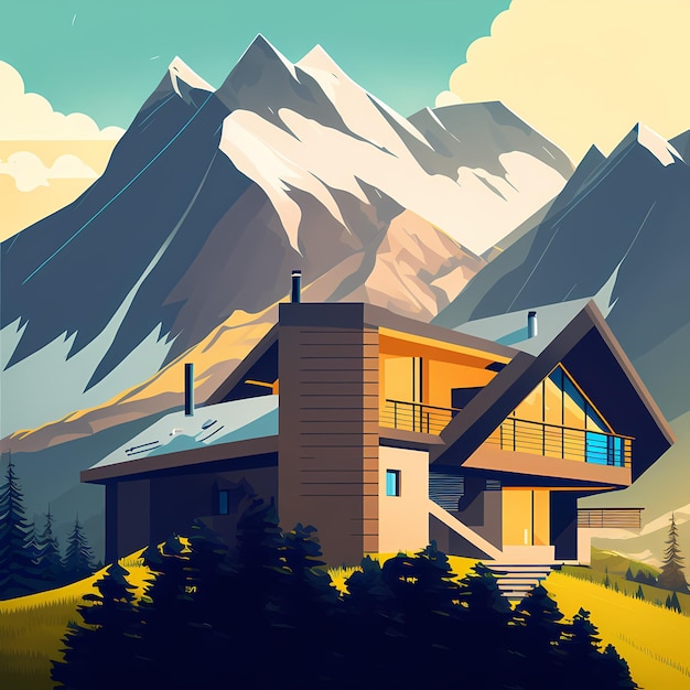 Photo une maison dans les montagnes avec un ciel bleu en arrière-plan