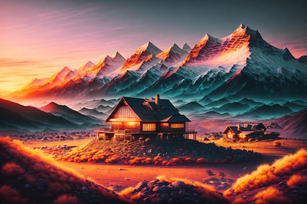 une maison dans les montagnes avec un coucher de soleil en arrière-plan