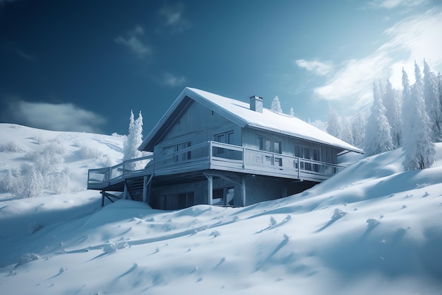 Une maison dans la neige avec le ciel en arrière-plan