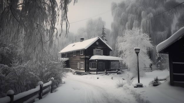 Une maison dans la neige avec un lampadaire au premier plan.