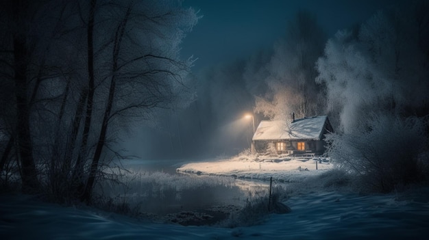 Une maison dans la neige avec une lumière sur le toit
