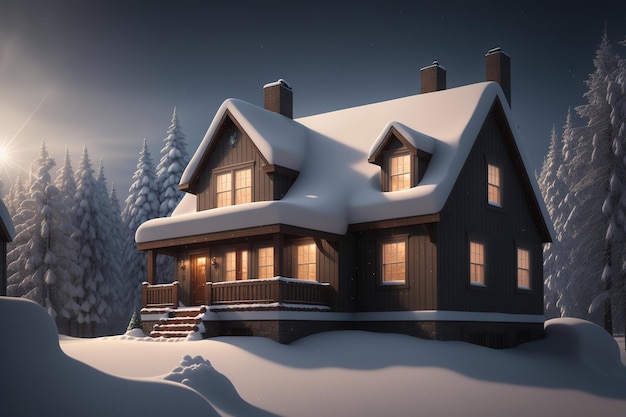 Une maison dans la neige avec les lumières allumées