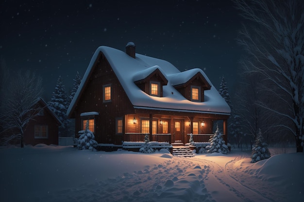 Une maison dans la neige avec des lumières allumées