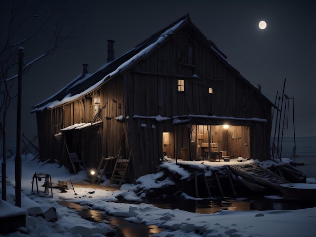 Une maison dans la neige avec une lune en arrière-plan