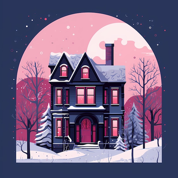 Une maison dans la neige avec une lune rose en arrière-plan.