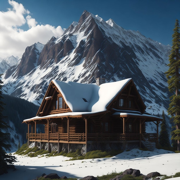 Une maison dans la neige avec les montagnes en arrière-plan.