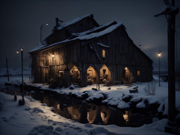 Une maison dans la neige avec un panneau qui dit "la vieille maison"