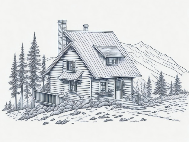 maison dans le paysage de montagne illustration de croquis dessinés à la main