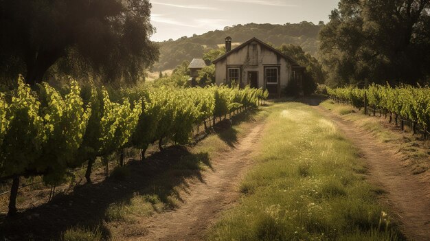 Une maison dans un vignoble avec le soleil qui brille sur le toit