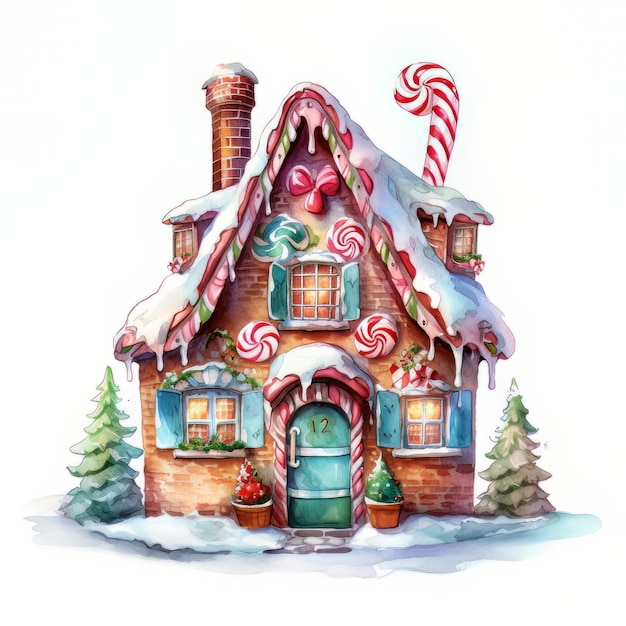 maison décorée de noël aquarelle