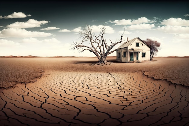Maison délabrée abandonnée au milieu du désert avec des arbres morts