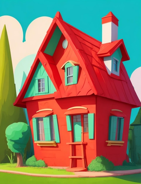Une maison de dessin animé avec un toit rouge vif et une fenêtre vert vif
