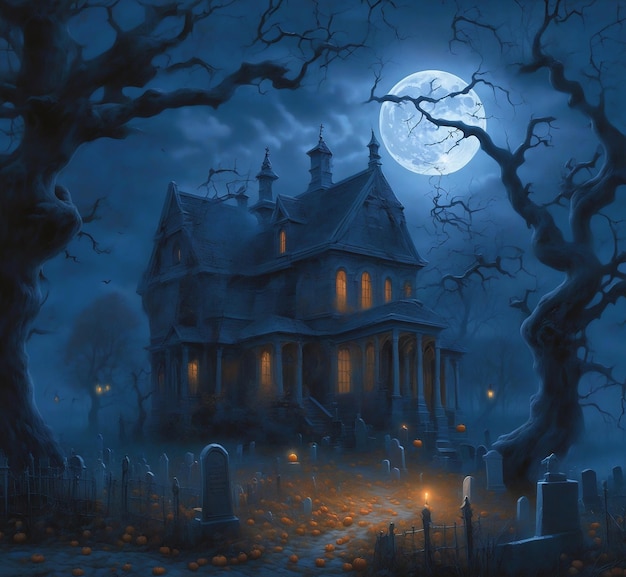La maison du château dans le cimetière la nuit d'Halloween avec des citrouilles et des lanternes