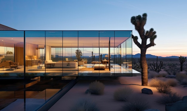 Une maison du désert avec un cactus devant elle