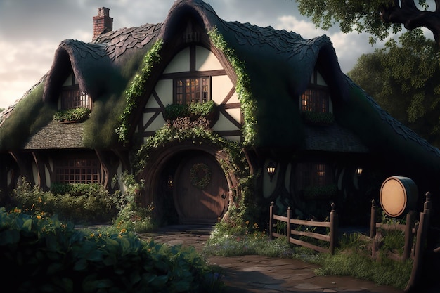 Maison du trou du hobbit Fantasy Village Shire abrite des portes et des fenêtres rondes Le fabuleux paysage du Seigneur des Anneaux au coucher du soleil illustration 3d