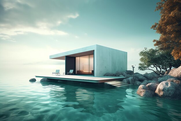 Une maison sur l'eau avec un arbre en arrière-plan