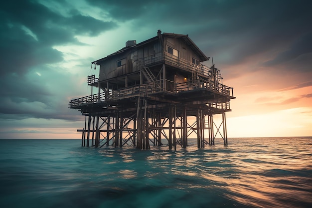 Une maison sur l'eau avec un ciel nuageux en arrière-plan