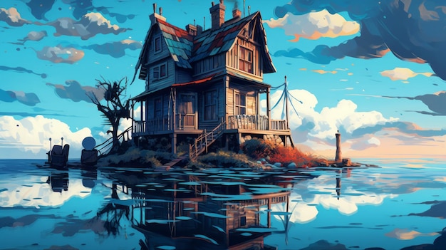 Maison sur l'eau dans le style du roman graphique inspiré de l'illustration aux couleurs marron clair et azur