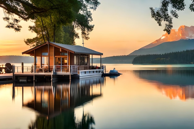 Une maison sur l'eau avec une montagne en arrière-plan