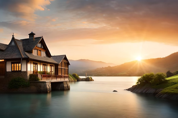 Une maison sur l'eau avec le soleil couchant derrière