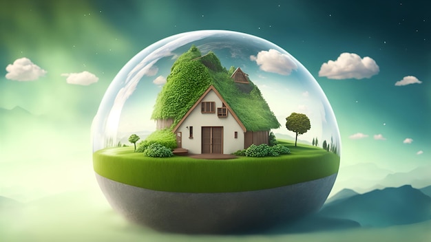 Une maison écologique dans une sphère de verre symbolisant la planète Terre Le concept de logement écologique Génération AI