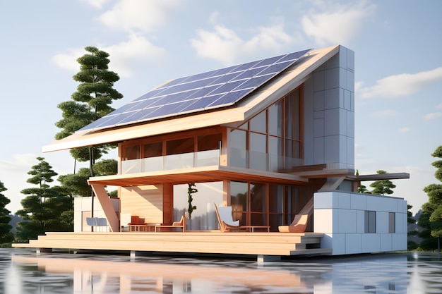 Maison écologique avec énergie de panneaux solaires solaires sur un toit généré par IA