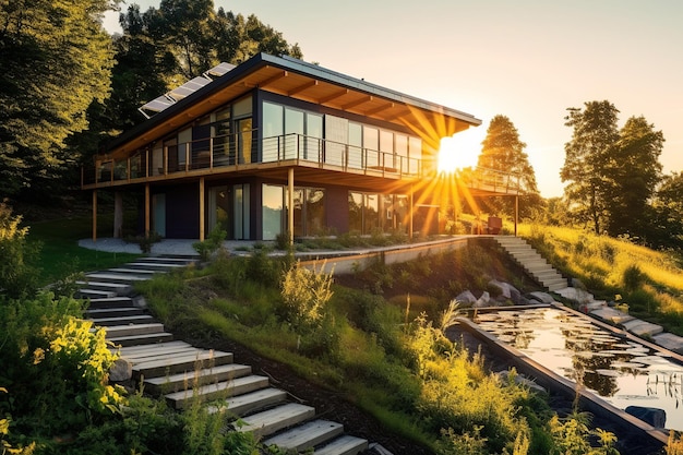 Une maison écologique avec des panneaux solaires et des éléments verts