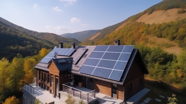 Maison écologique avec panneaux solaires sur le toit entourée de verdure AI générative