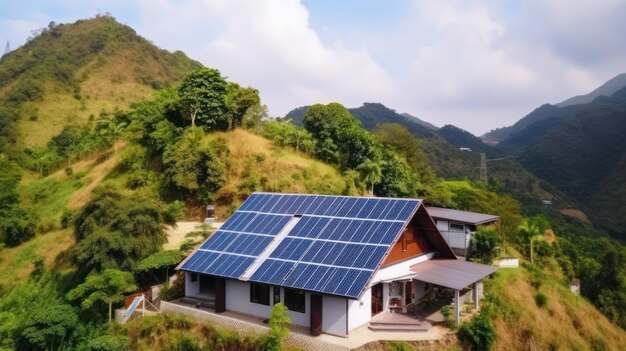 Maison écologique avec panneaux solaires sur le toit entourée de verdure AI générative