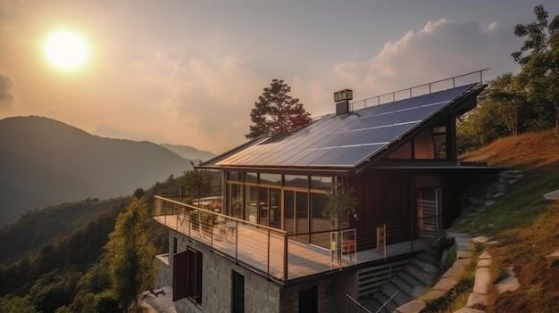 Maison écologique avec panneaux solaires sur le toit entourée de verdure AI générative