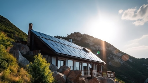 Maison écologique avec panneaux solaires sur le toit entourée de verdure AI générative