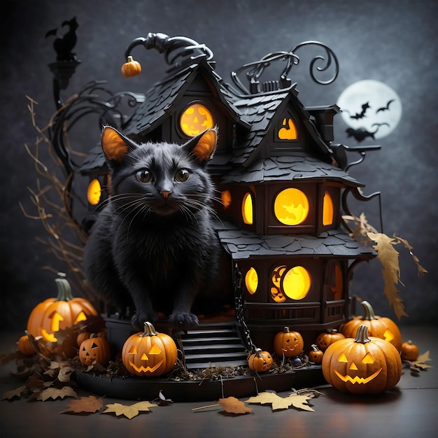 Photo maison effrayante citrouille rat chat noir sensation d'halloween