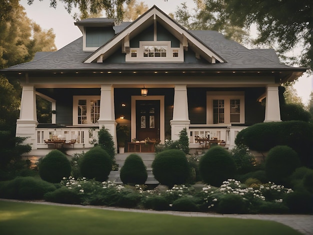 Une maison élégante de style artisanal avec un paysage luxuriant