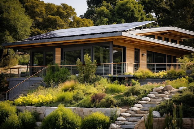 Maison énergétiquement neutre avec toit vert et panneaux solaires