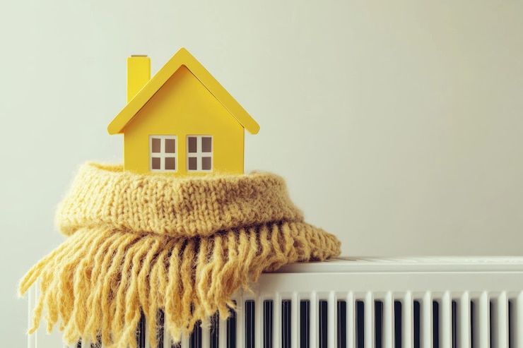 Photo une maison enveloppée dans un foulard chaud confortable sur un concept de chauffage domestique de radiateur