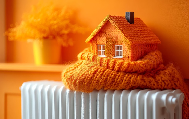 Photo une maison est assise sur un radiateur. la maison est orange et a une couverture tricotée sur le dessus.