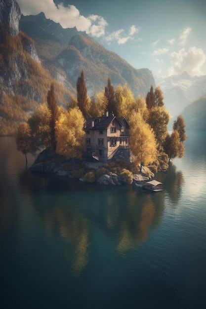 Une maison est au milieu du lac dans les montagnes fond d'écran AI Generated Image