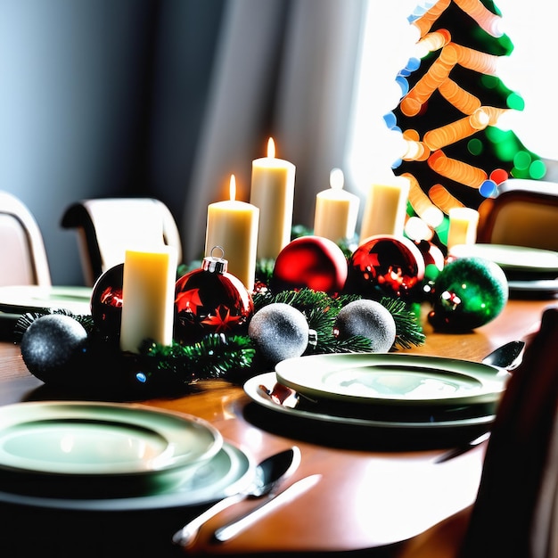 Photo la maison est décorée avec des ornements de noël et des boîtes de cadeaux ainsi qu'une décoration légère avec des bougies