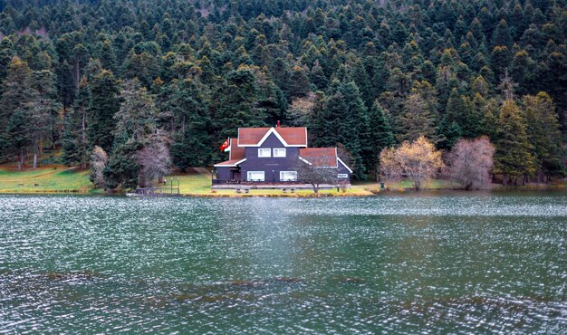 Photo une maison est sur l'eau avec des arbres en arrière-plan